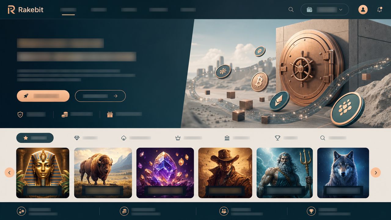 Startseite von Rakebit mit Krypto-Casino-Oberfläche und Spielkategorien