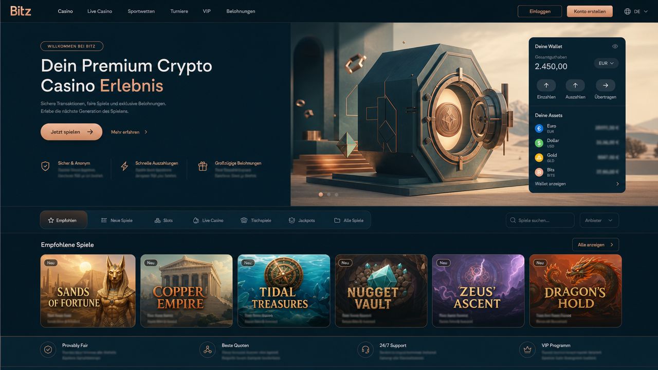 Startseite von Bitz mit Wallet-Bereich und Slot-Kacheln