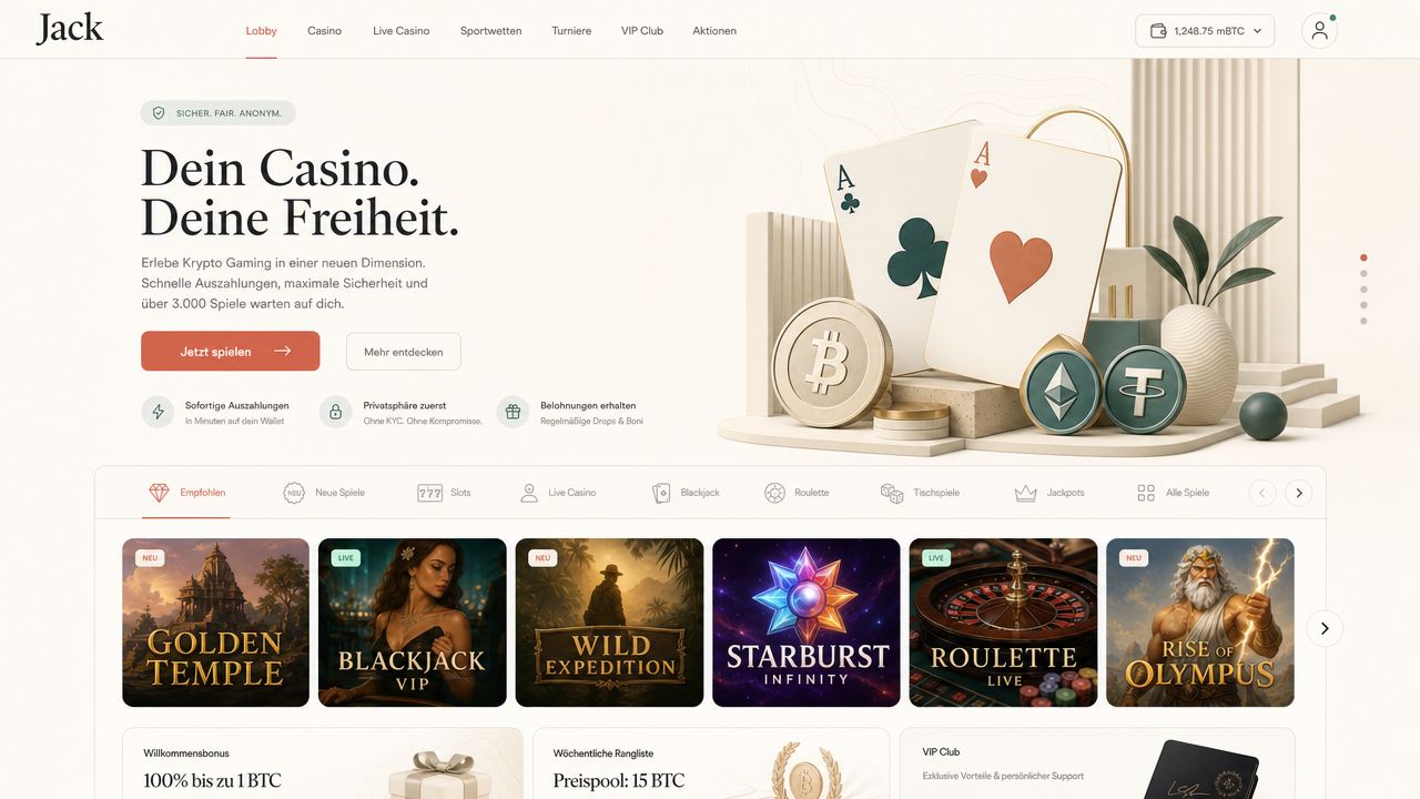Startseite des Online-Casinos Jack mit Spielkategorien und Spielkacheln
