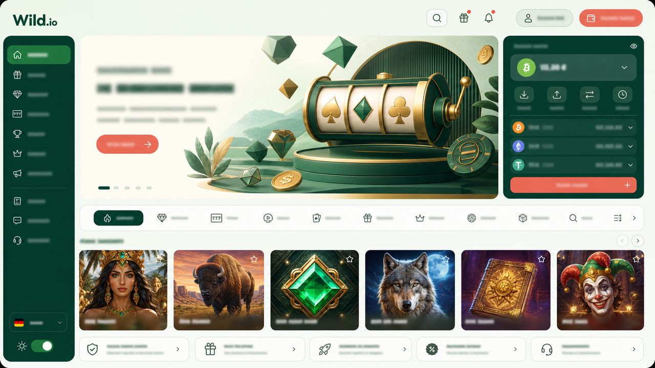 Screenshot der Startseite von Wild.io mit Casino-Angebot und Willkommensbonus