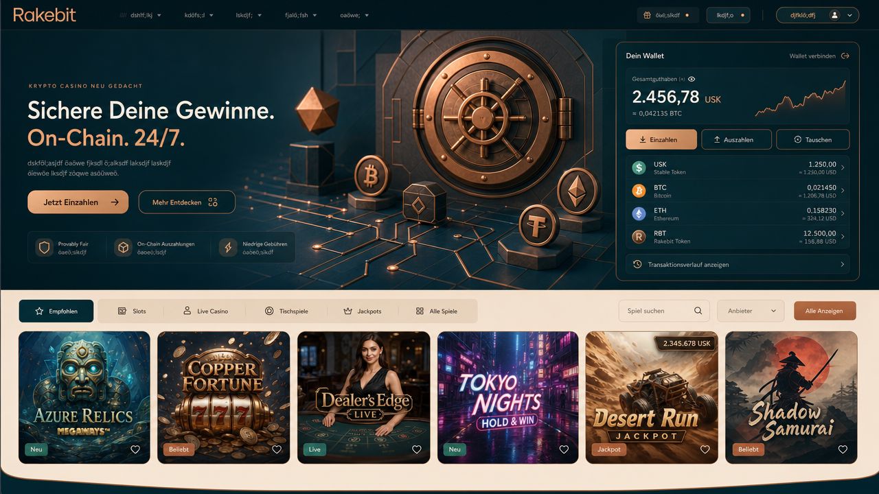 Startseite von Rakebit mit Tresor-Grafik, Wallet-Widget und Spielekacheln