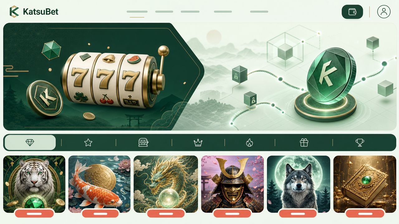 Startseite von KatsuBet mit Slot-Kacheln und Kategorie-Navigation