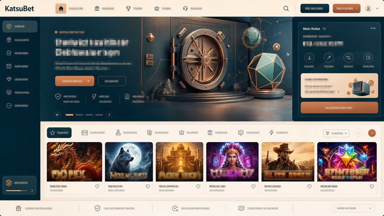 Startseite von KatsuBet mit Header, Wallet-Bereich und Slot-Kacheln