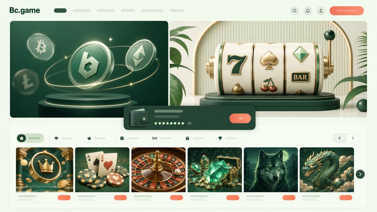 Desktop-Startseite von Bc.game mit Spielkategorien und Casino-Kacheln