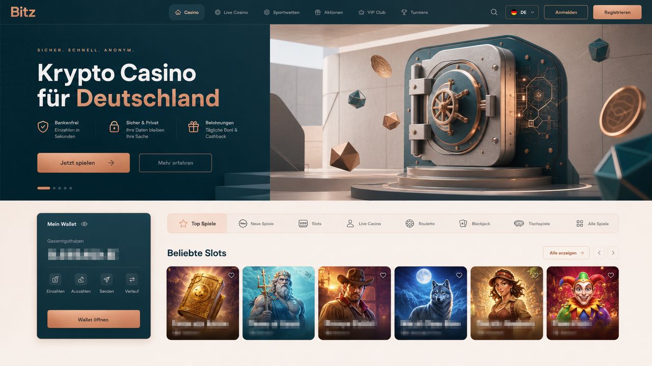 Screenshot der Startseite des Online-Casinos Bitz