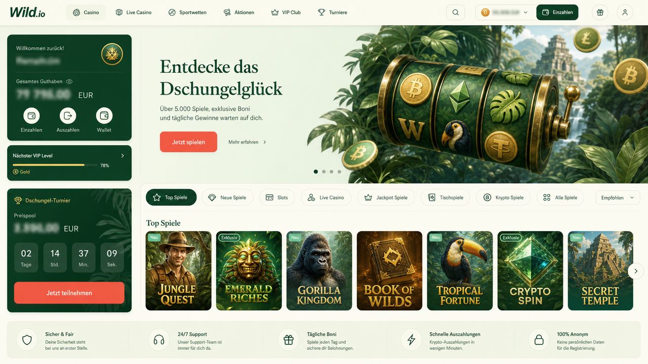 Startseite von Wild.io mit Spielkategorien und illustrierten Slot-Kacheln