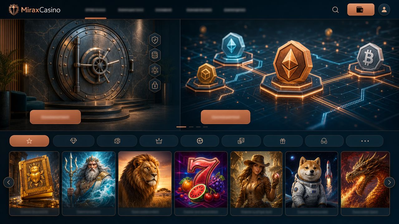 Startseite von MiraxCasino mit Hero-Bereich, Spielkategorien und Slot-Kacheln