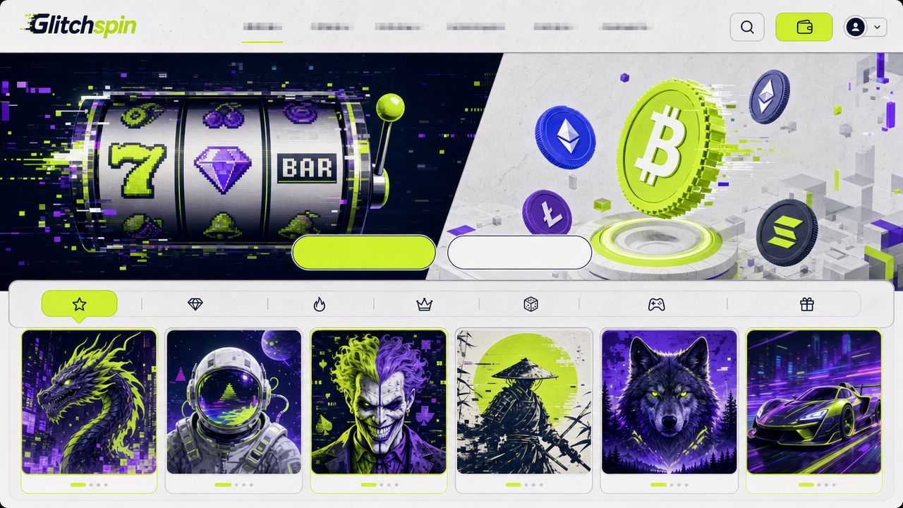Startseite von Glitchspin mit Spielautomaten und Spielkategorien