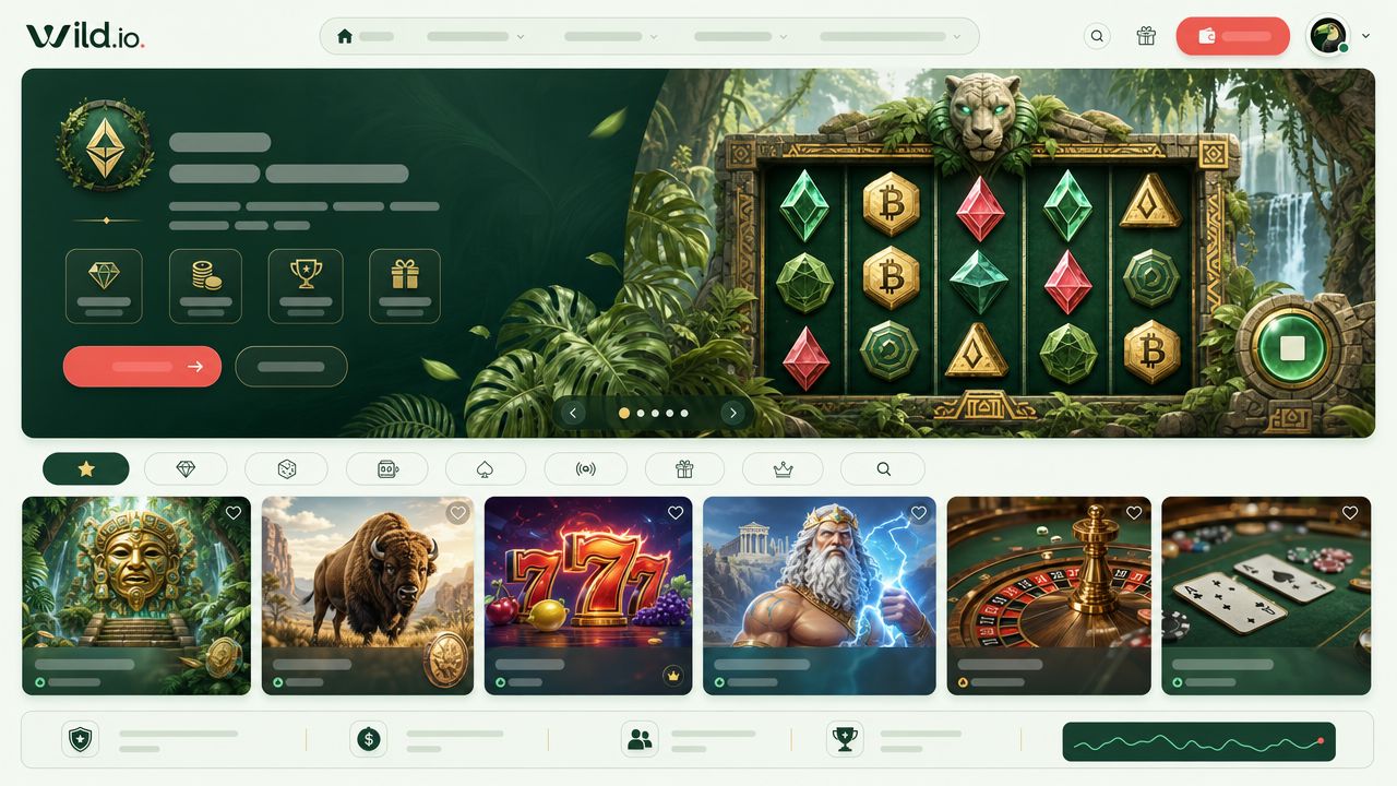 Startseite von Wild.io mit Spielautomaten und Spielkategorien