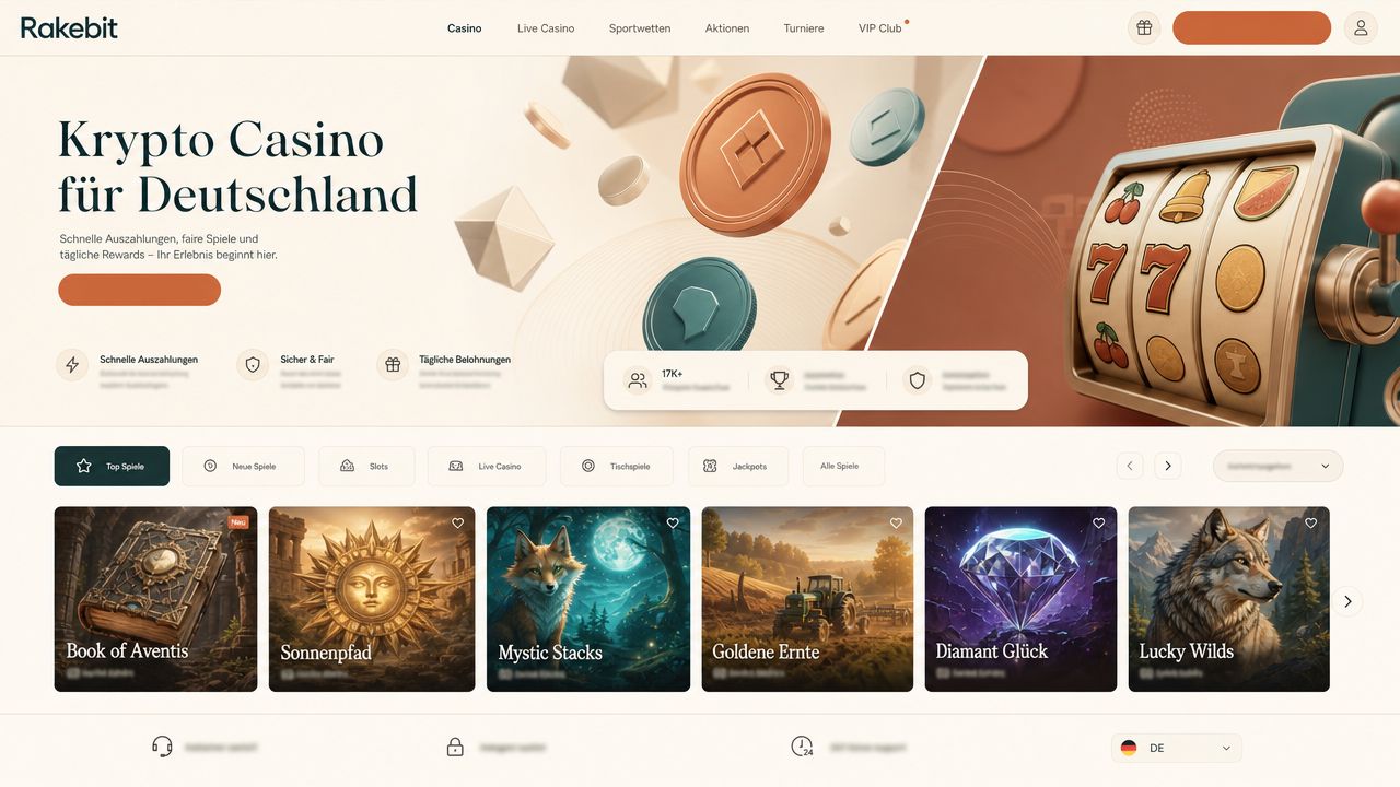 Screenshot der Startseite von Rakebit Casino