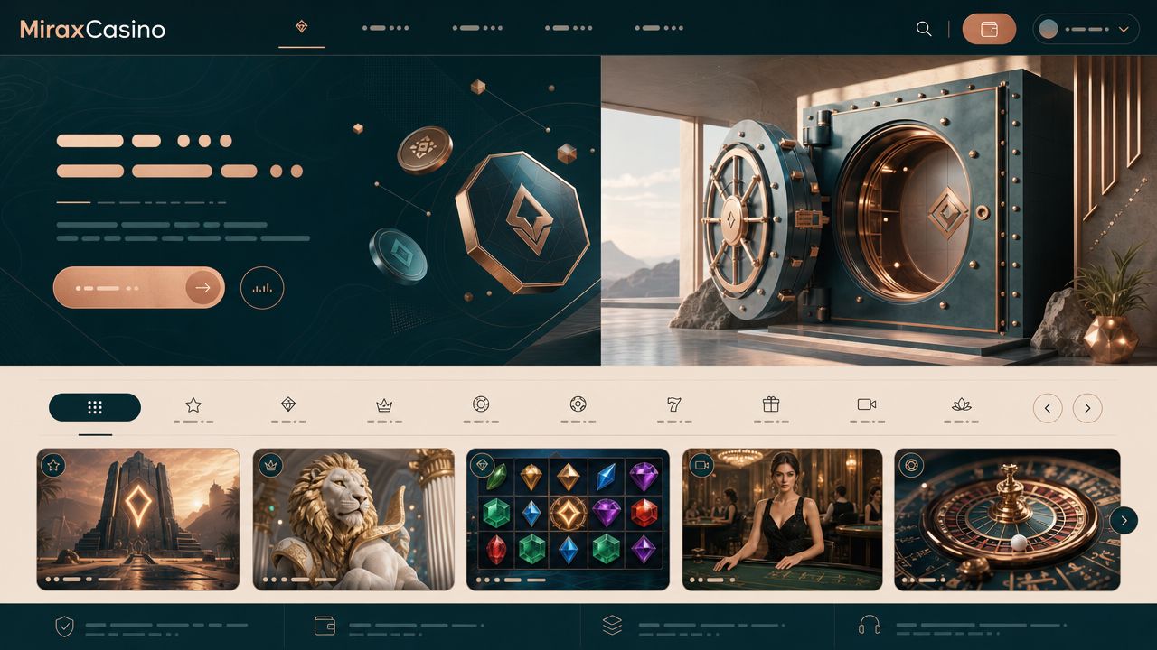 Startseite von MiraxCasino mit Spielkategorien, Slot-Karten und Wallet-Bereich