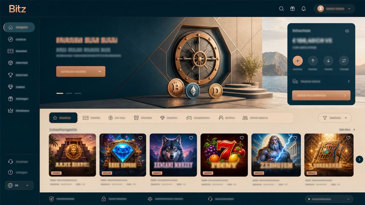 Startseite des Casinos Bitz mit Wallet-Bereich und Spielkategorien