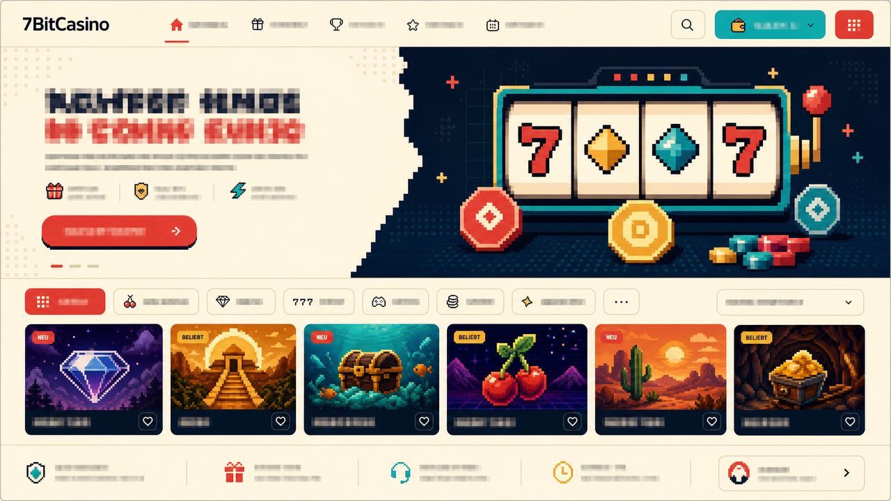 Startseite von 7BitCasino mit Spielautomaten-Kacheln und Kategorienavigation