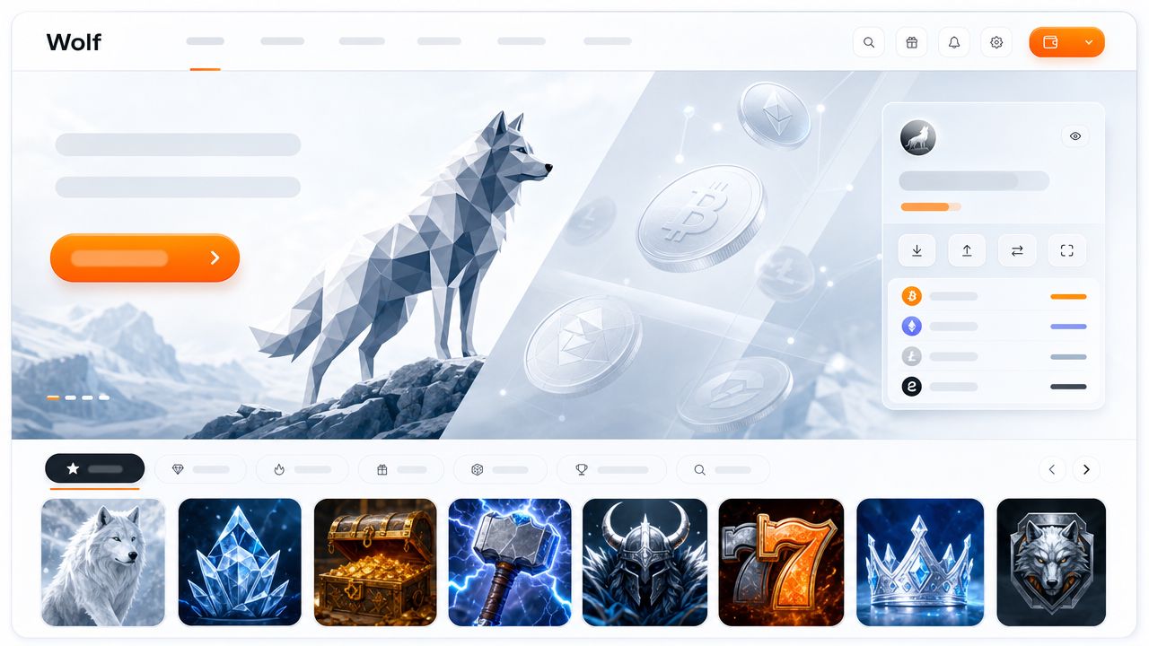 Startseite von Wolf.io mit stilisierter Wolf-Silhouette und Spielekategorien